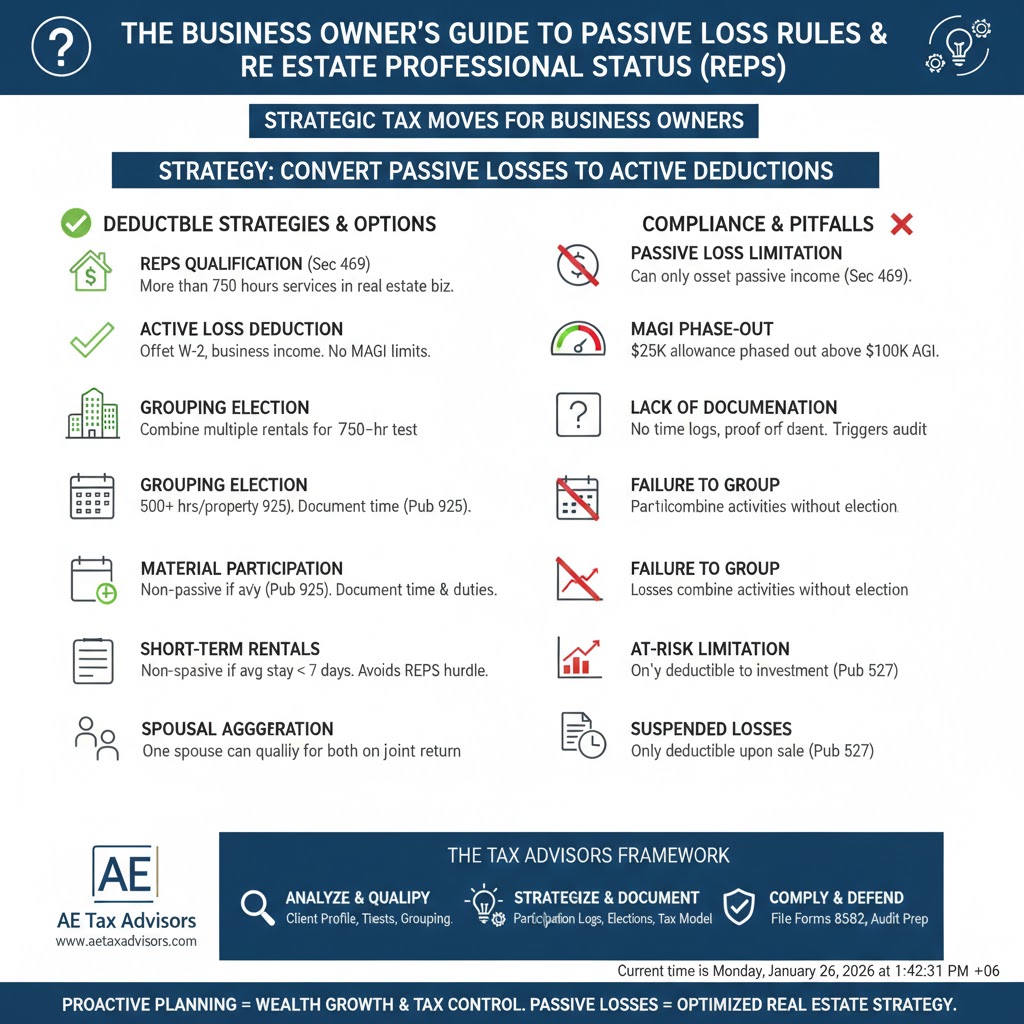 The Business Owner’s Guide to Passive Loss Rules and Real Estate Professional Status (REPS).