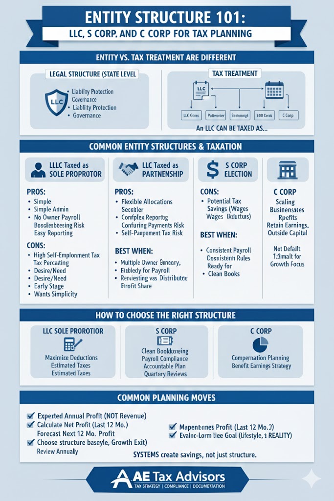 Entity Structure 101: LLC, S Corp, and C Corp for Tax Planning